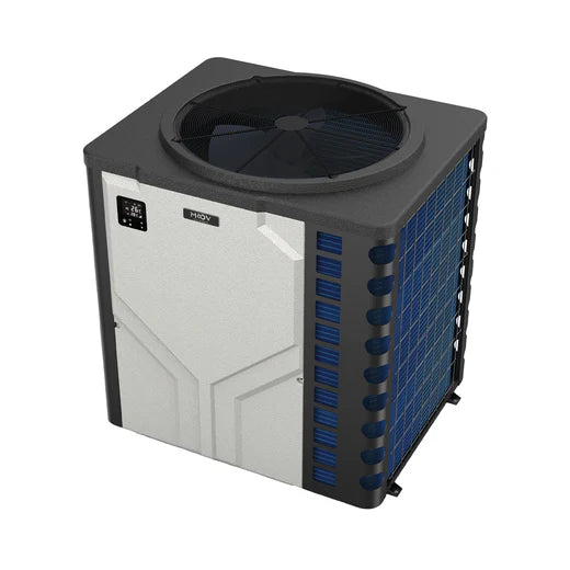 Thermopompe de piscine Moov Inverter MI1400 vue d'en haut, ventilateur sur le dessus