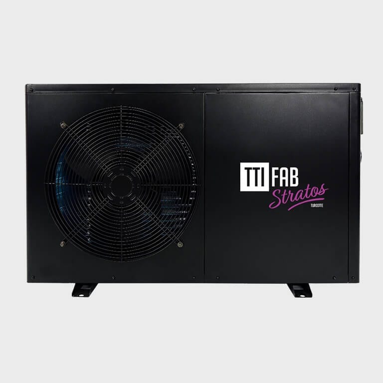 Thermopompe de piscine Stratos de TTI FAB, boîtier noir à ventilateur latéral