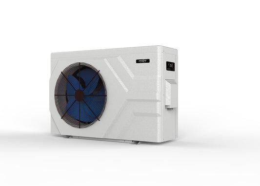 Thermopompe de piscine Moov Inverter à ventilateur latéral, vue de trois quarts