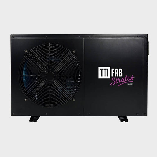 Thermopompe de piscine Stratos de TTI FAB, boîtier noir à ventilateur latéral